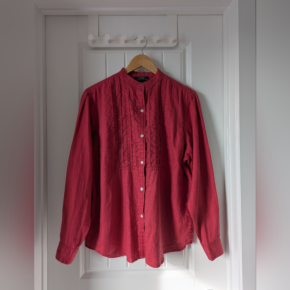Ralph Lauren Red Linen Button-Front Pintuck Blouse Size Large - Picture 9 of 9
